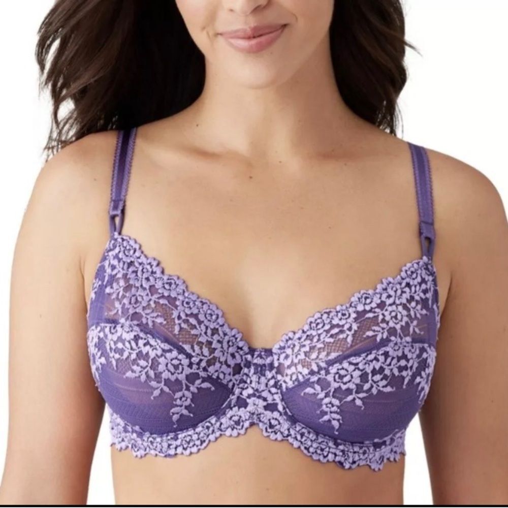 Wacoal 65191 Embrace Lace Bra 34D Purple Floral Sheer Underwire Unlined Lingerie